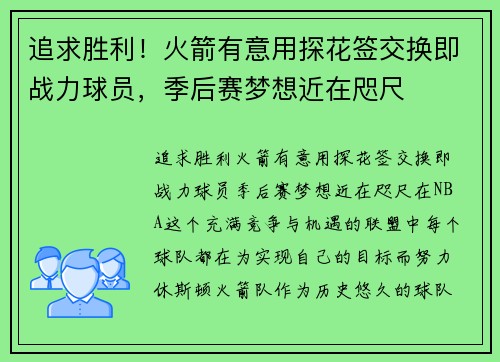 追求胜利！火箭有意用探花签交换即战力球员，季后赛梦想近在咫尺