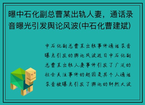 曝中石化副总曹某出轨人妻，通话录音曝光引发舆论风波(中石化曹建斌)