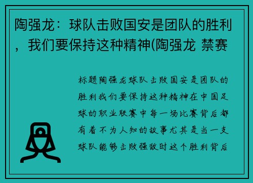 陶强龙：球队击败国安是团队的胜利，我们要保持这种精神(陶强龙 禁赛)