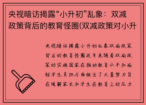 央视暗访揭露“小升初”乱象：双减政策背后的教育怪圈(双减政策对小升初)