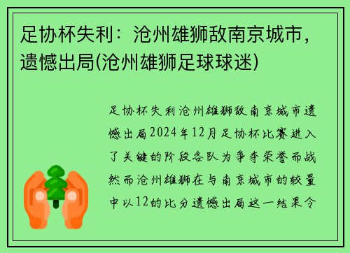 足协杯失利：沧州雄狮敌南京城市，遗憾出局(沧州雄狮足球球迷)