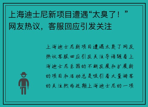 上海迪士尼新项目遭遇“太臭了！”网友热议，客服回应引发关注