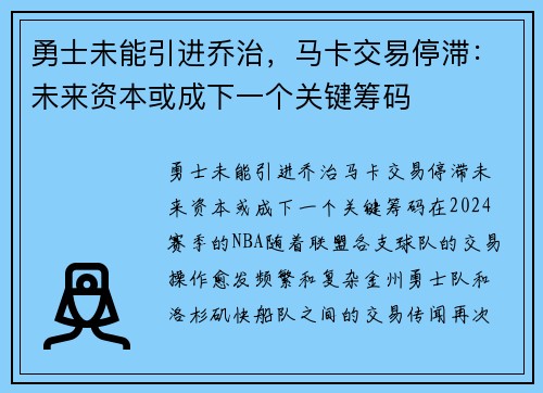 勇士未能引进乔治，马卡交易停滞：未来资本或成下一个关键筹码