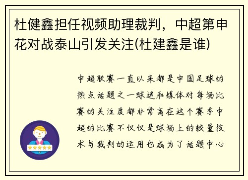 杜健鑫担任视频助理裁判，中超第申花对战泰山引发关注(杜建鑫是谁)